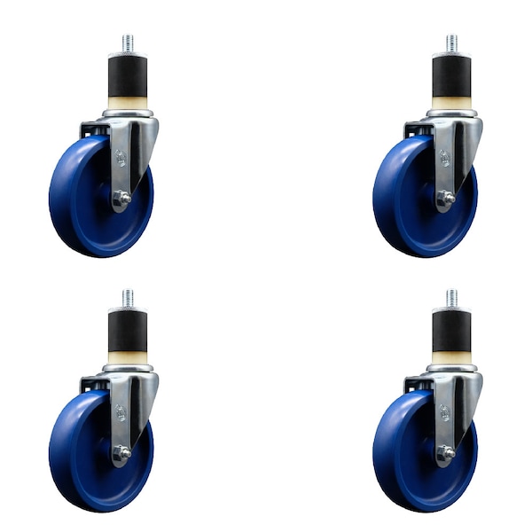5'' SS Solid Poly Wheel Swivel 1-7/8'' Expanding Stem Caster Set, 4PK